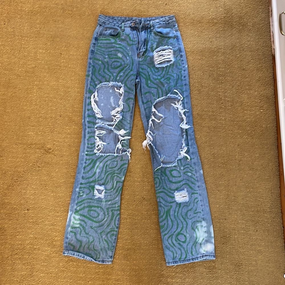 Upcycled SHEIN hand painted distressed jeans size xs